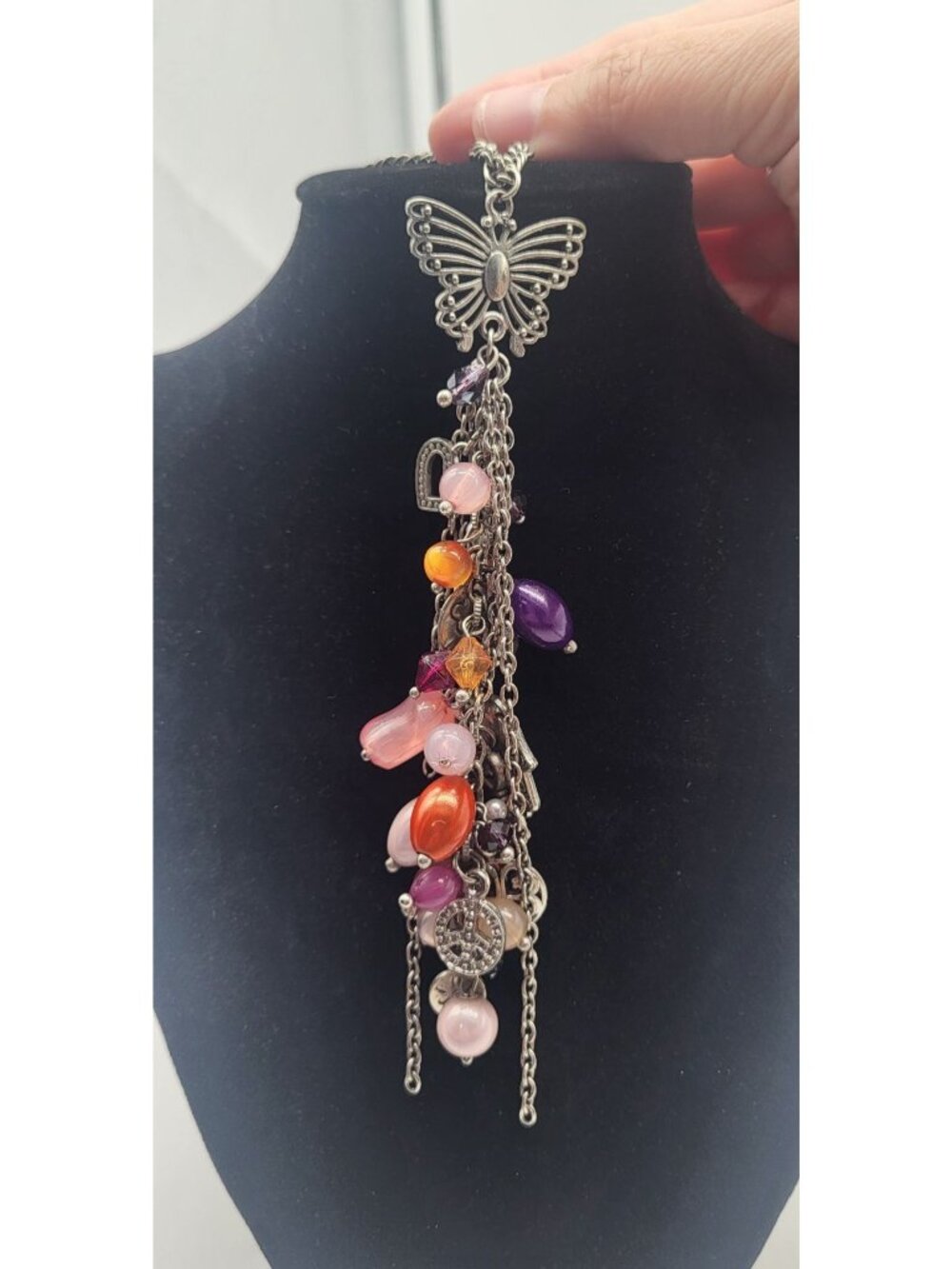 Fairy Whimsical Boho Silver Tone Dangle Charm Necklace Butterfly Hamsa Peace - Picture 3 of 8